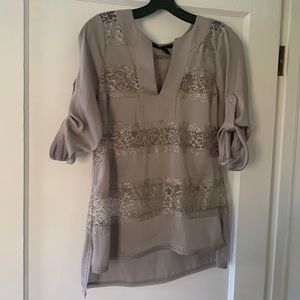 Gray bcbg tunic blouse with lace detail